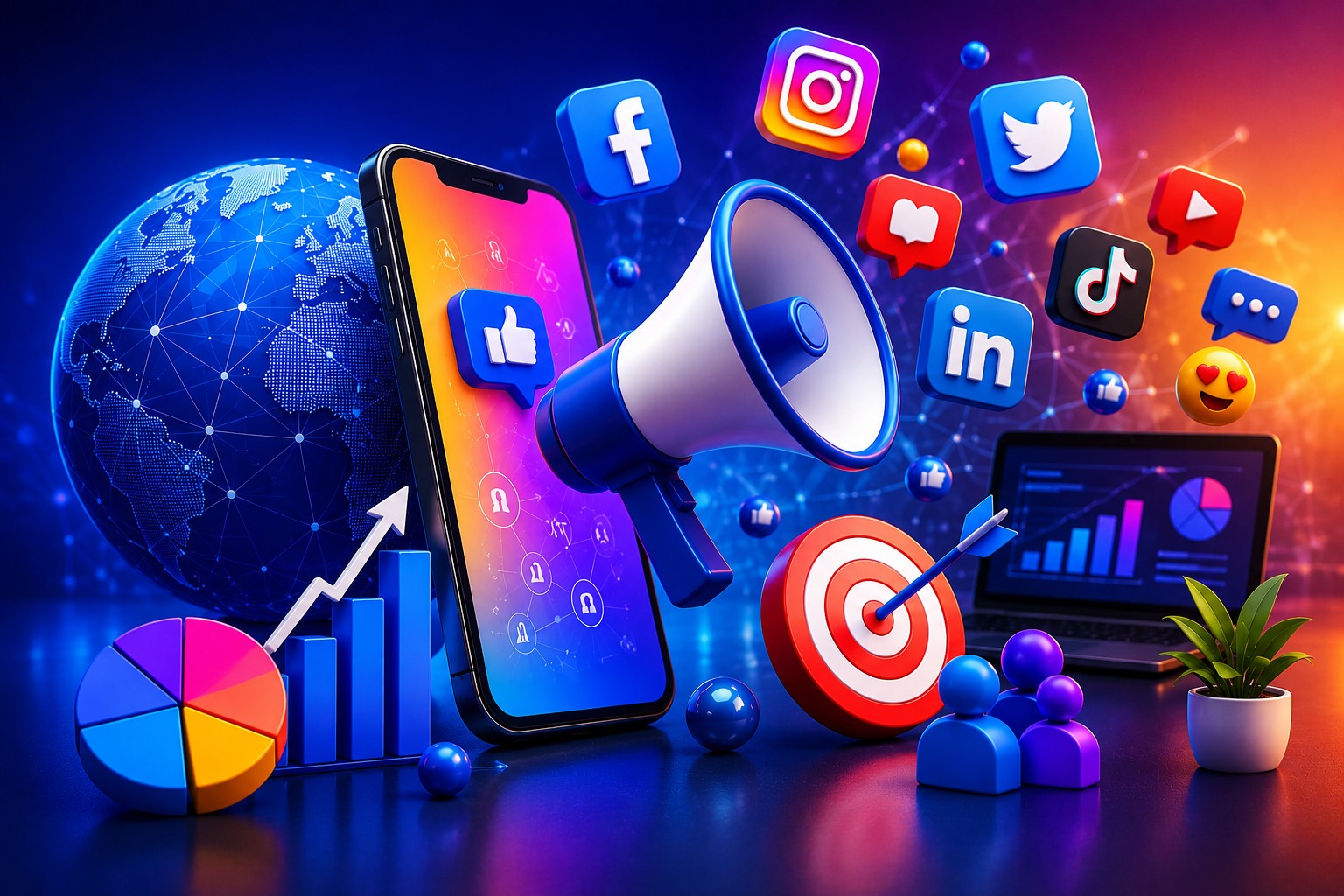 Professional social media marketing services featuring Facebook, Instagram, LinkedIn, YouTube, TikTok, and X campaign management, content creation, audience engagement, paid advertising, analytics, AI-powered insights, and brand growth strategies to increase traffic, leads, and conversions.